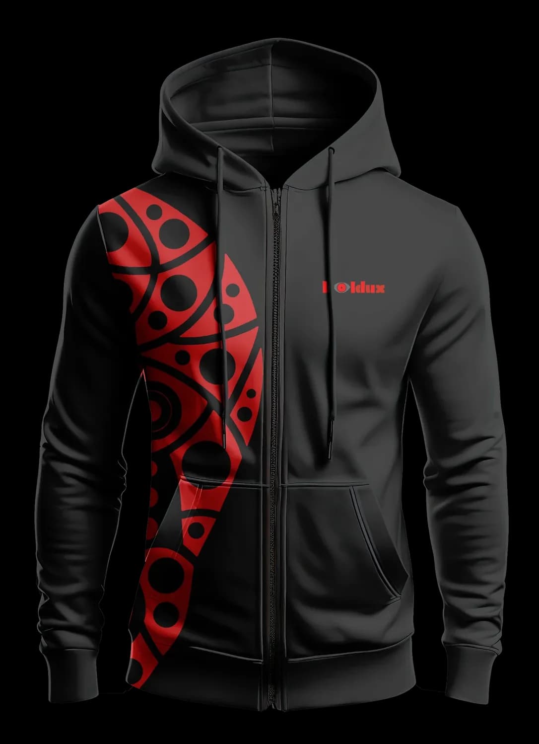 Black zip hoodie featuring The Skulls artwork in red